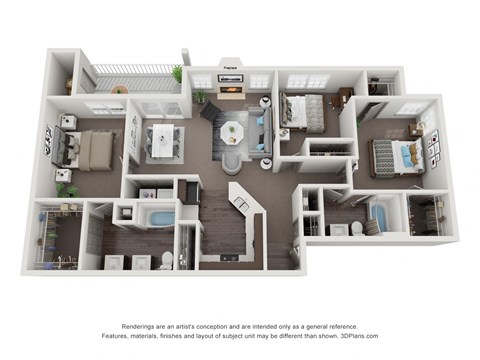 A 3D floor plan of a house with a kitchen, living room, and bathrooms at Canyon Ridge, Austin, TX, 78753